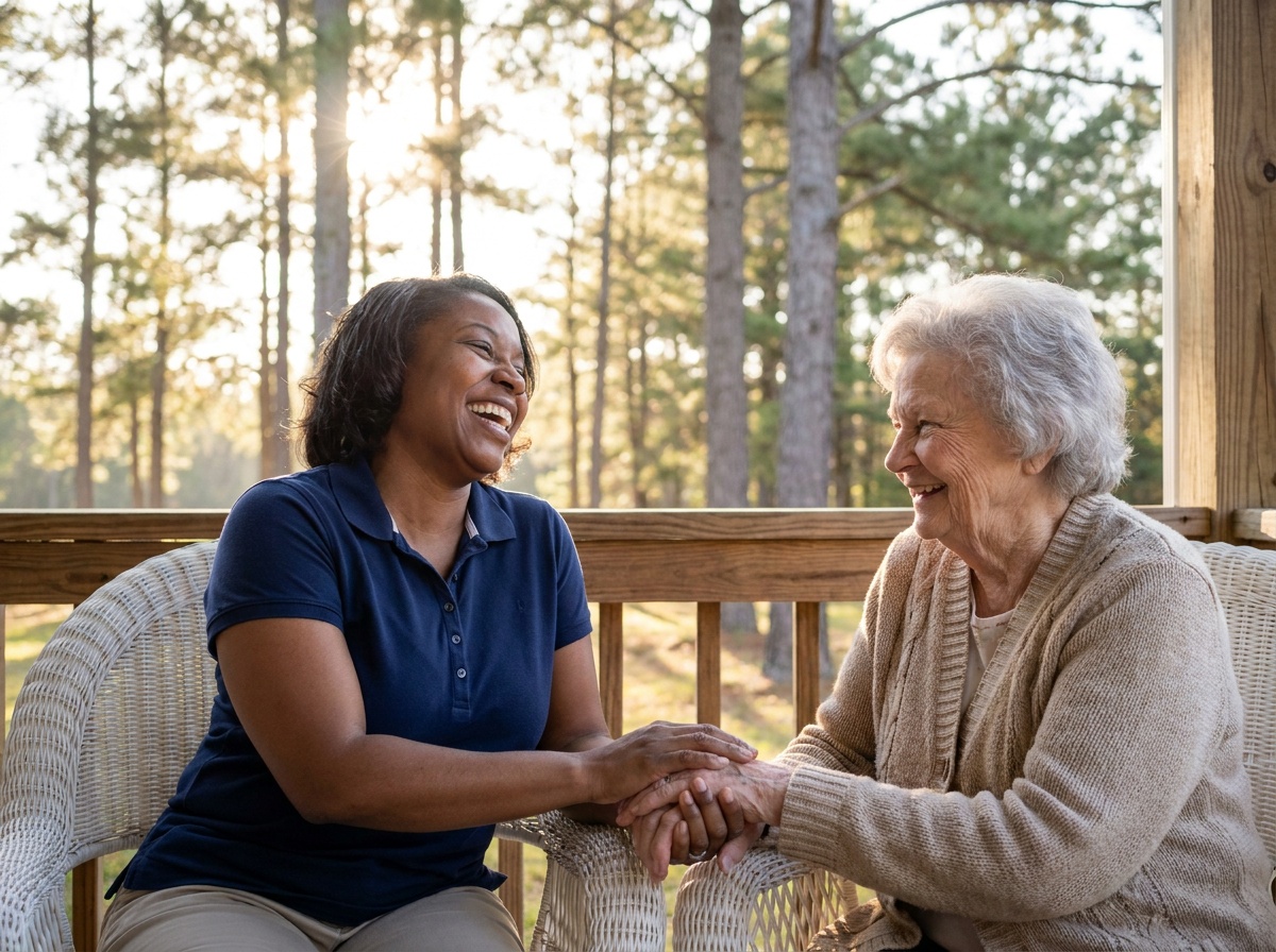 A caregiver and a senior laughing together on a sunny Alabama porch