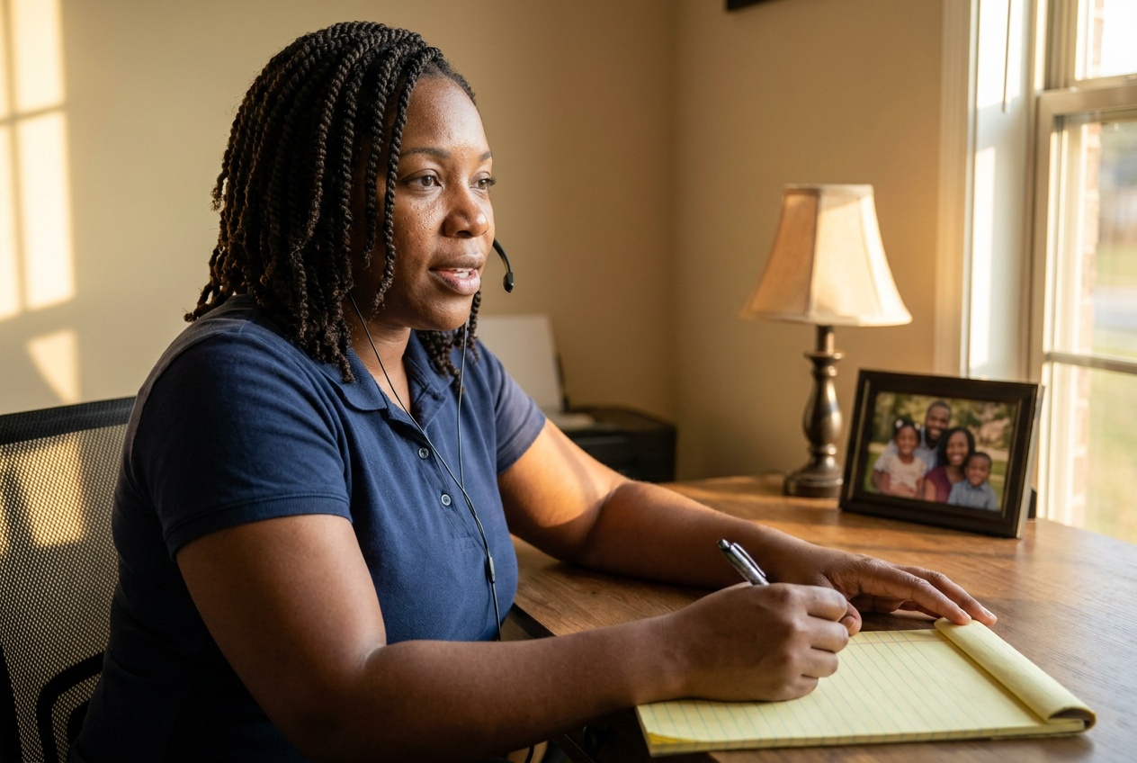 A care coordinator taking notes during a phone consultation