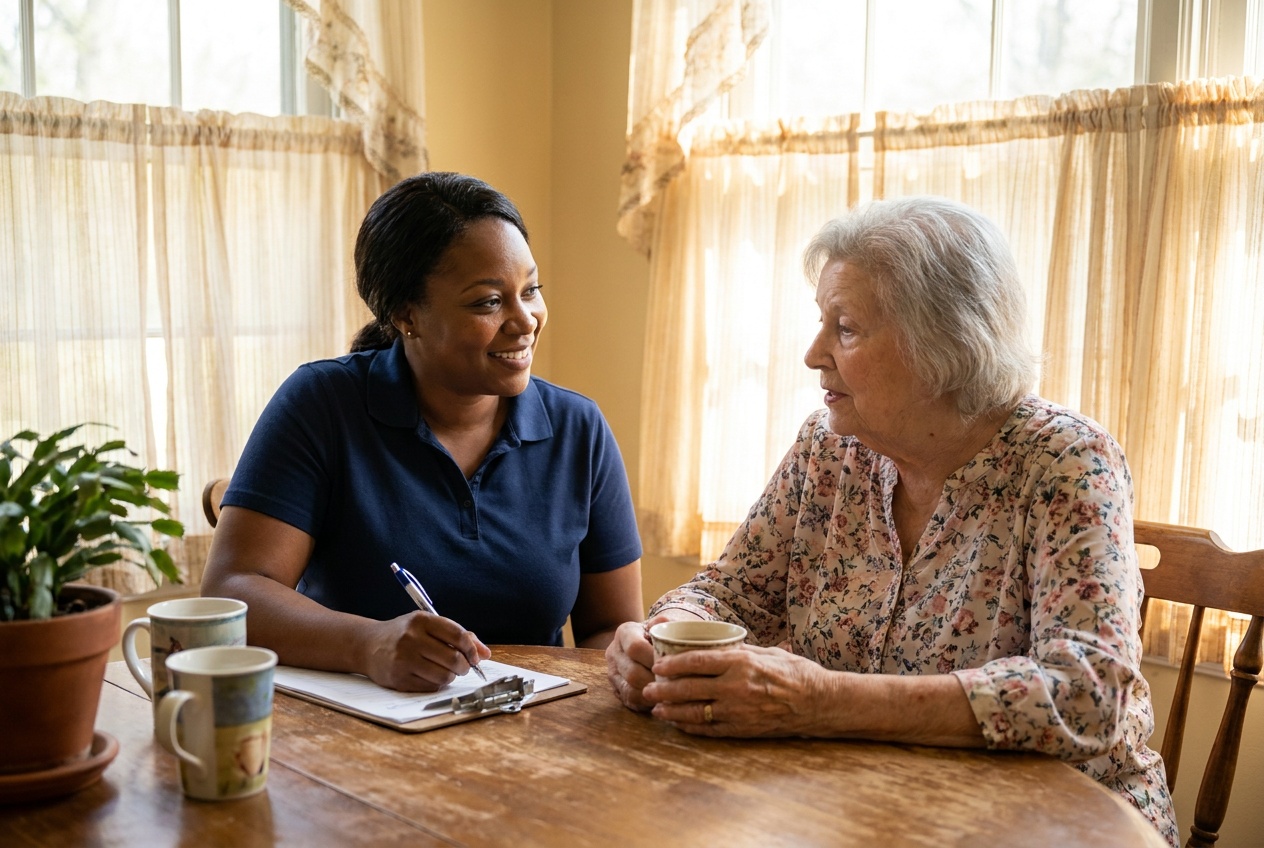 An Allecus nurse care specialist meeting with an elderly client during an in-home assessment