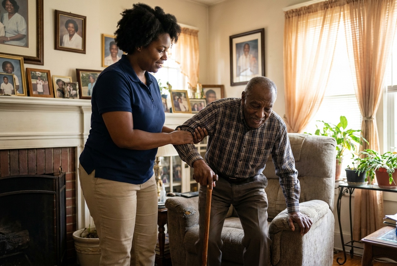 A caregiver helping an elderly gentleman stand up at home
